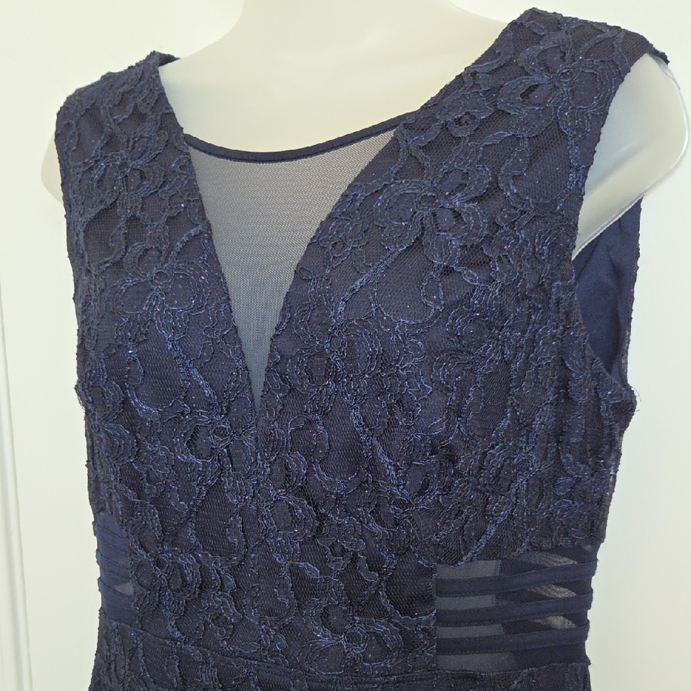 Enfocus Studio Navy Blue Sleeveless Plunge Midi Dress With Lace And Sparkle